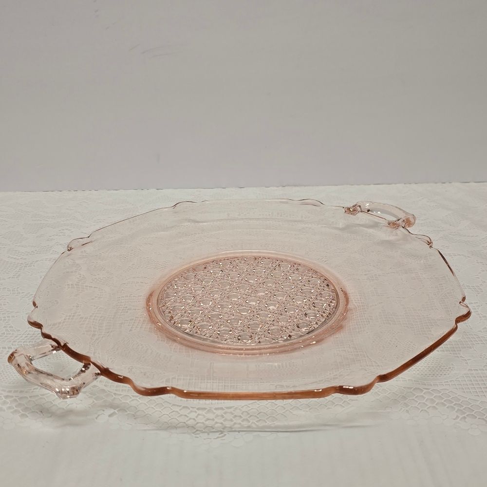Vintage Lancaster Pink Depression Glass Landrum Cane Center Handled Platter Tray